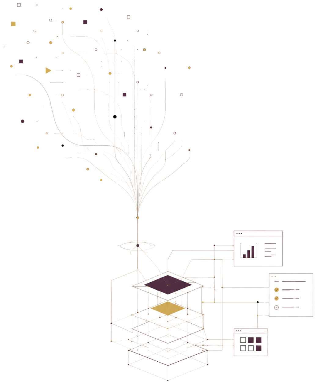 Scattered signals across a business converging into one structured, layered system